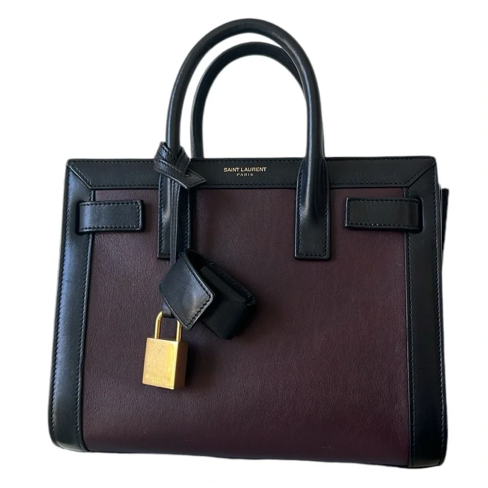 SAINT LAURENT SMALL SAC DE JOUR LEATHER TOTE BAG IN UMBER,NERO - Picture 2 of 16